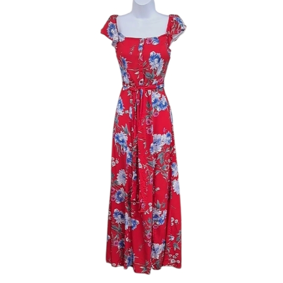 Band of Gypsies Red Wrap Tie Front Maxi Dress Floral Print Size Small - Picture 2 of 8